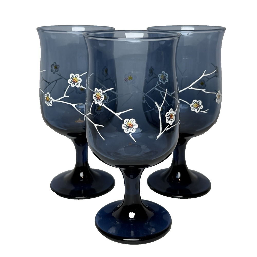Vintage Libbey Smokey Blue Floral‎ Wine Glasses Dogwood Stemmed Set of 3